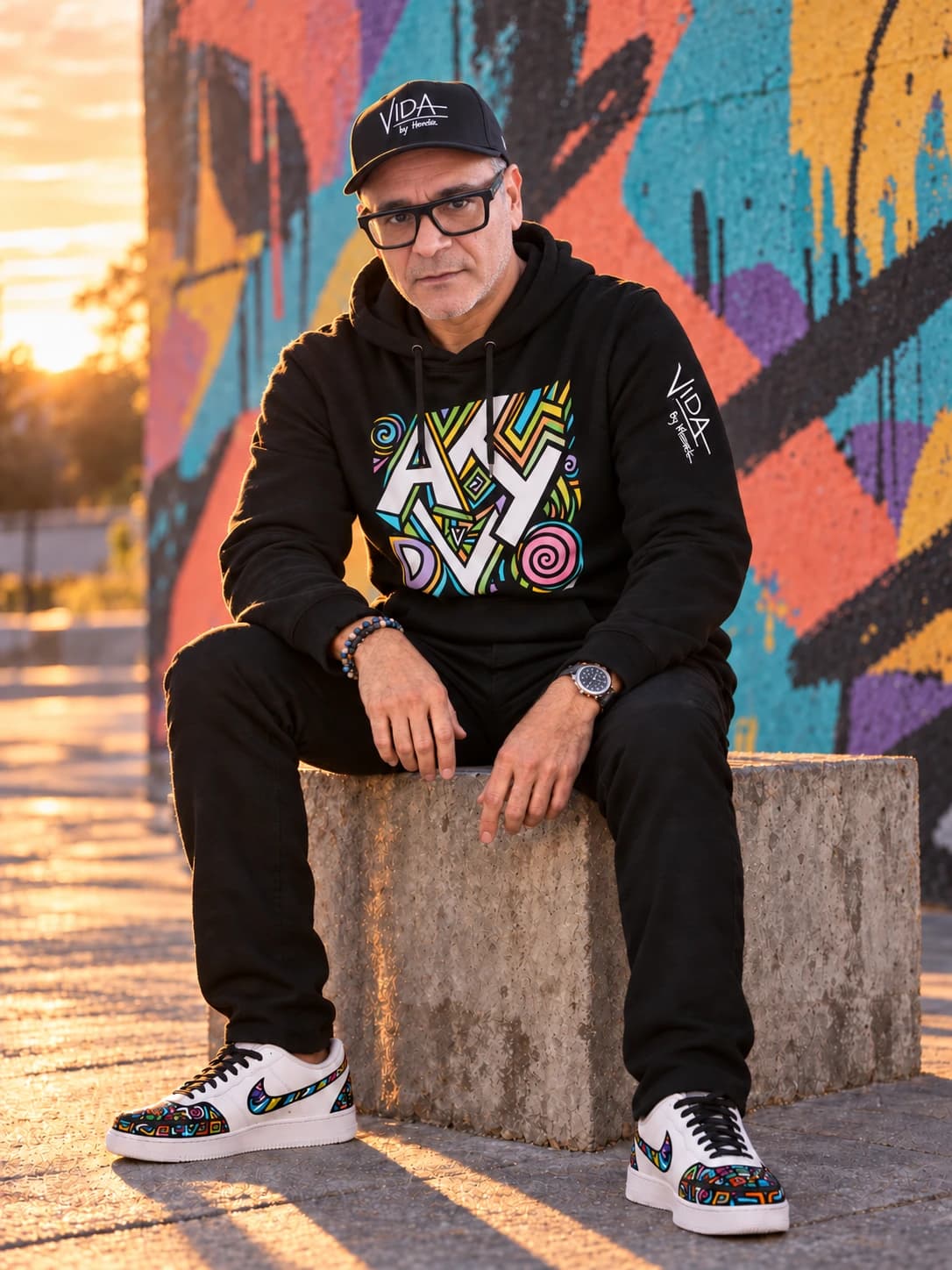 Mènek seated on a concrete block in a black VIDA hoodie and hand-painted sneakers beside a colorful mural