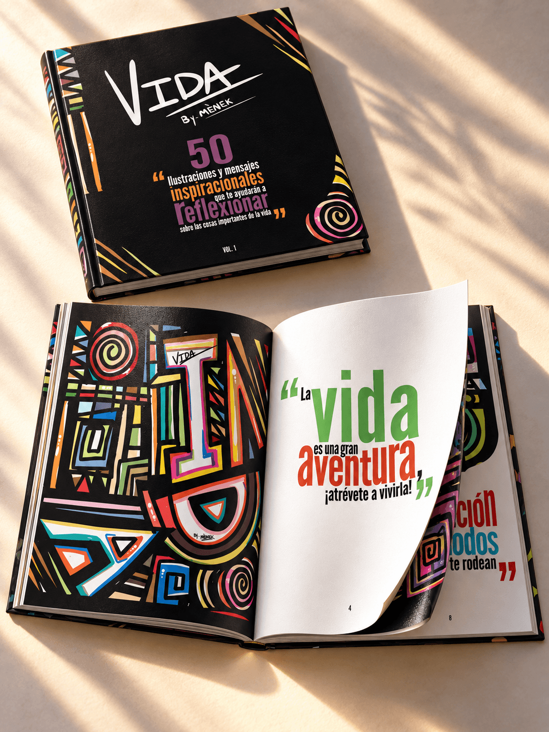 VIDA Volume I shown closed and open to colorful illustrations and positive messages